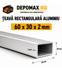 Teava rectangulara aluminiu 60 x 30 x 2 mm, 6 metri (EN AW-6060)